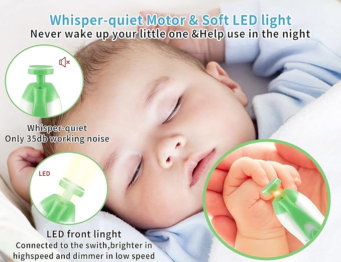 Electric Baby Nail Trimmer, Safe Gentle Nail File Grinder Kit with LED Light, Whisper Quiet, 6-in-1 Nail Care Set for Newborns Toddlers Kids & Adults, Adjustable Speed & Rotation, Portable Trave.Green