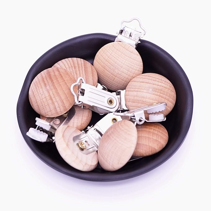 Natural Beech Wood Round Pacifier Clips Silicone Pacifier Holder Suspender Clips Sutoyuen Wood Pacifier Clip Holder Charm for DIY Babies Dummy Chain Accessories 30 Pieces (Without Hole)