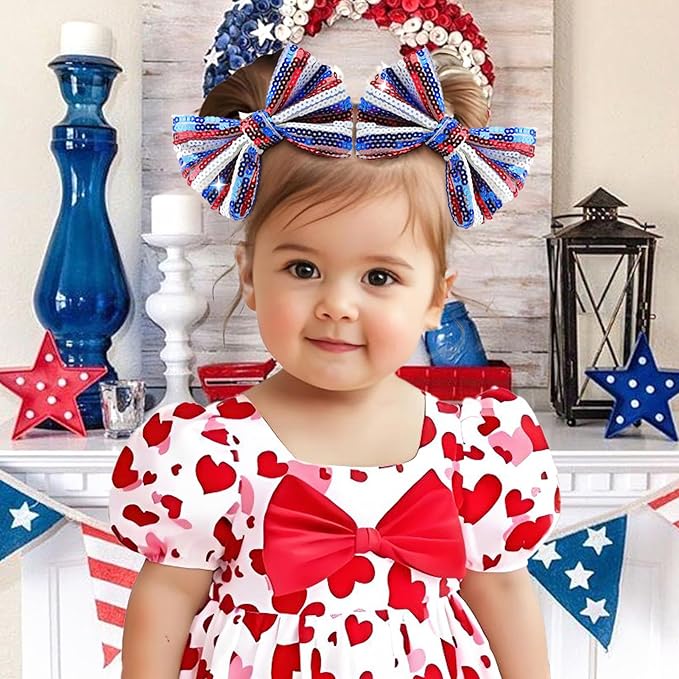 4th of July Bow Hair Clips for Girls Glitter Hair Accessories 5” Big Bows Hairpin Baby Barrettes Sequins Cheer Bows Red Blue Stripes 2 Pcs