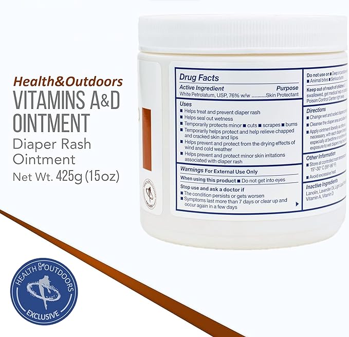 Vitamin A & D Ointment 15 Oz Jar (2 Count) Skin Protectant for First Aid, Cuts, Burns, Chaffing, Dry Skin Wounds and Scrapes