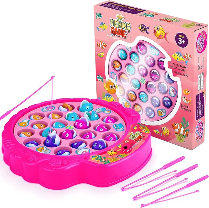 Fishing Game Play Set - 21 Fish, 4 Poles, & Rotating Board w/ On-Off Music - Family Children Backyard Pink Toy Games for Kids and Toddlers Age 3 4 5 6 7 Girls and Up