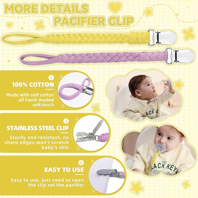 4 Pcs Pacifier Clip, Pacifier Clips for Boys & Baby Girls Pacifier Holder Clip Binky Clips Braided 100% Handmade Fits All Pacifiers(Yellow, 4 Pack)