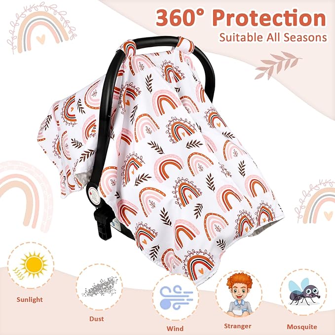 Baby Car Seat Cover, Breathable Infant Carseat Cover for Summer Peekaboo Opening Car Seat Canopy Cover, Nursing Cover for Baby Boys Girls (Rainbow)