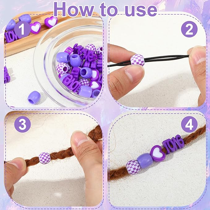 TIESOME 60 Pcs Large Hair Beads, Purple Resin Big Beads For Hair With Puller Tool, Braid Loc Dreadlock Bead For Girls Kids Women, Easy To Thread For Ponytail, Braids, Hairs Jewelry Accessories