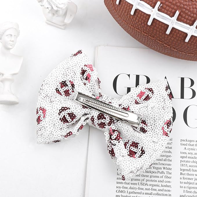 Cute Football Bows Hair Clips Sparkle Sequin Bows for Toddler Girls Football Accessories Glitter Bows for Girls Gifts for Women Big Hair Clips