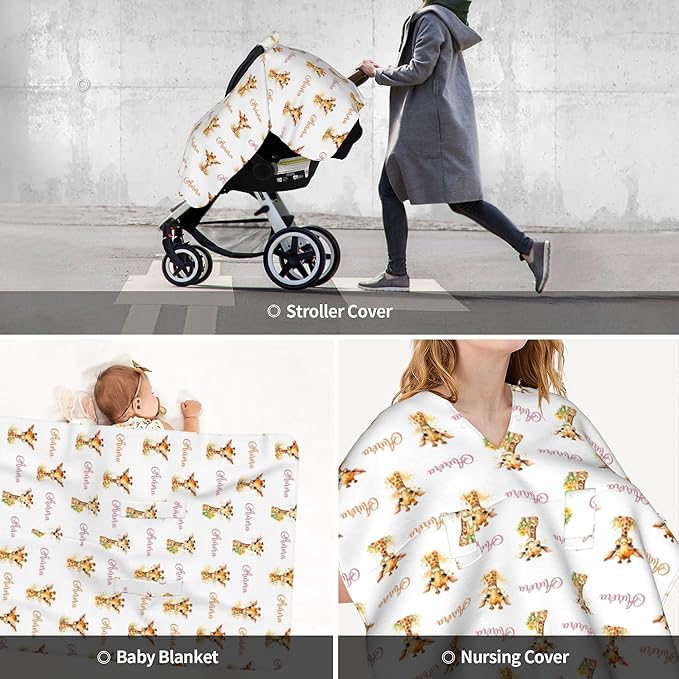 Personalized Baby Car Seat Canopy Minky Giraffe Baby Blanket Custom Name Baby Car Seat Cover Girls Boys Infant Newborn Carseat Canopy Nursing Cover for Stroller Car Seat Canopies