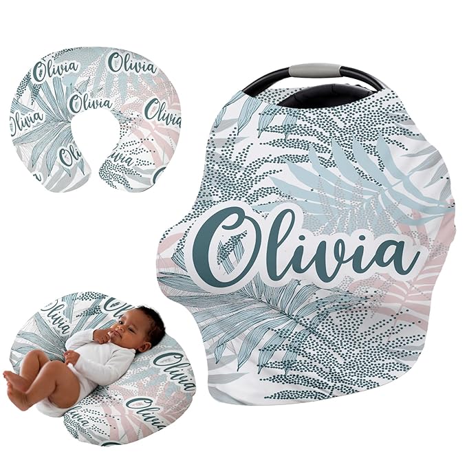 Custom Name Car Seat Canopy - Baby Car Seat Covers, Infant Stroller Cover, Grey Leaf Carseat Canopy Christmas Birthday Gifts for Girls and Boys