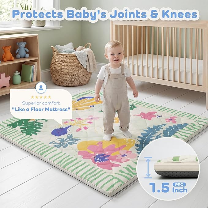 1.5" Thicker Baby Play Mat for Floor, 50x50 Removable & Machine Washable Cover Playpen Mat Softness Foam Mats, Easy-Clean Hygienic, Comfort Safety Kids Crawling (Dazzling World)