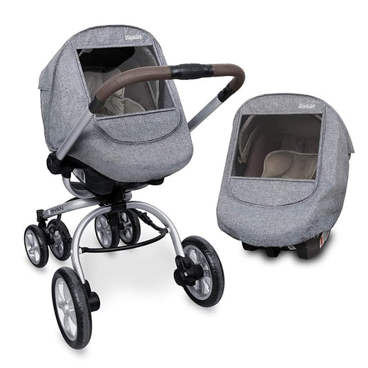 Manito Melange Infant Car Seat Weather Shield – Universal-Fit, Clear Window, Windproof, Water-Repellent, Premium Baby Car Seat Cover for Travel & Outdoor Weather Protection (Black Grey)