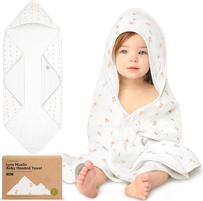 KeaBabies Muslin Baby Bath Towels with Hood for Girls, Boys -Large Organic Cotton Hooded Baby Towels for Newborns,Toddlers,Infant,Kids,Soft Absorbent Newborn Bath Essentials Gift Set(Tulips, Petite)