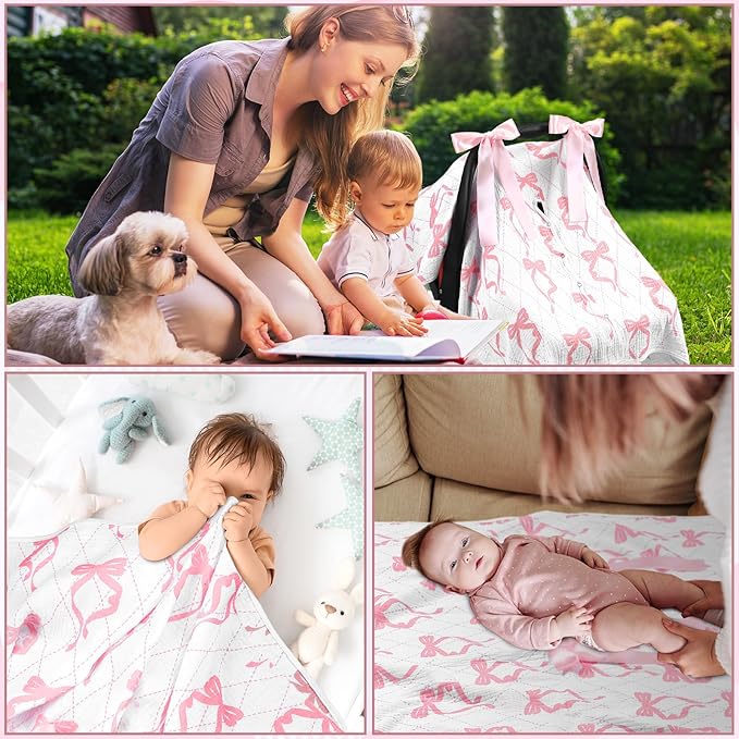Tegeme 2-in-1 Pink Bow Muslin Baby Car Seat Cover Breathable Multi-use Nursing Infant Car Seat Cover Windproof Canopy for Breastfeeding Strollers Carriers