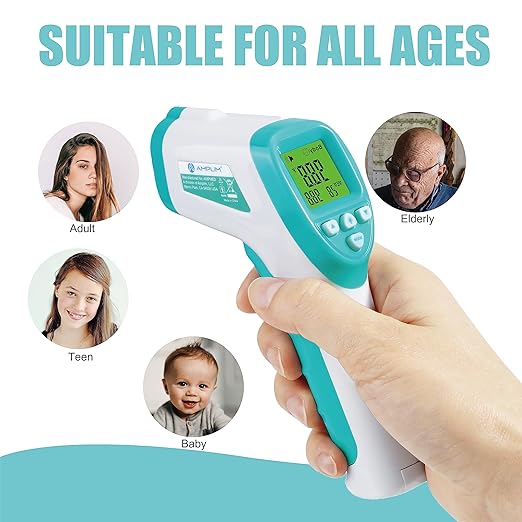 Amplim No-Touch Forehead Thermometer for Adults, Kids, and Infants: Digital Temporal Touchless Medical Grade Thermometer with LCD Display, Registry Must Have for Body Fever Temperatures, Blue