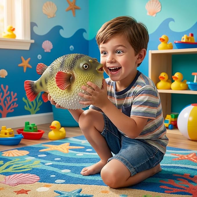 Gemini&Genius Sea Animal Pufferfish Action Figure Soft Rubber Swim Bath Toy, Realistic Ocean Fish Blowfish Toy, Educational and Role Play Toys for Kids and Collectors (Puffer fish)