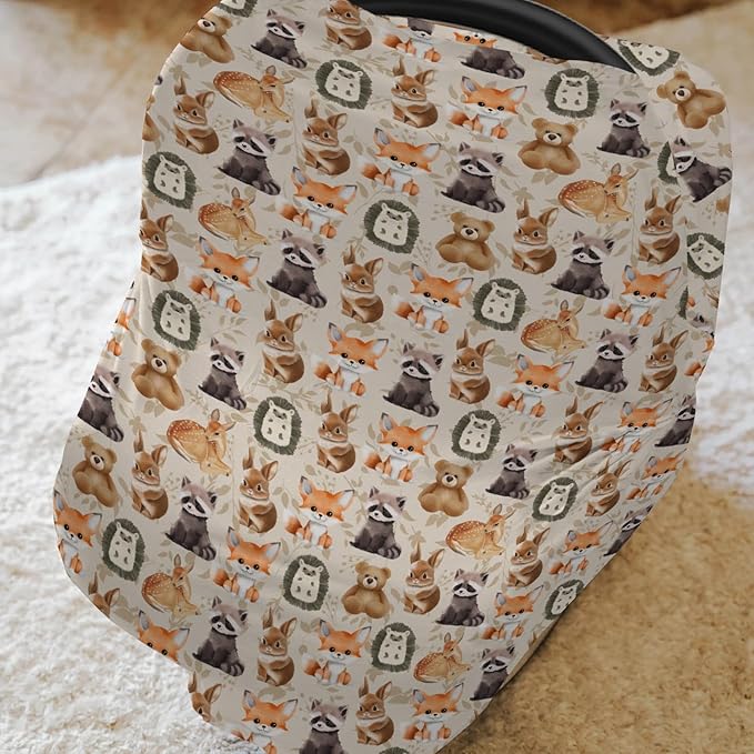Vintage Autumn Animals Boho Floral Car Seat Cover for Babies Bear Raccoon Deer Rabbit Hedgehog Leaves Stretchy 5-in-1 Cover Adjustable Car Canopy Breastfeeding Cover Breathable Nursing Cover-Up