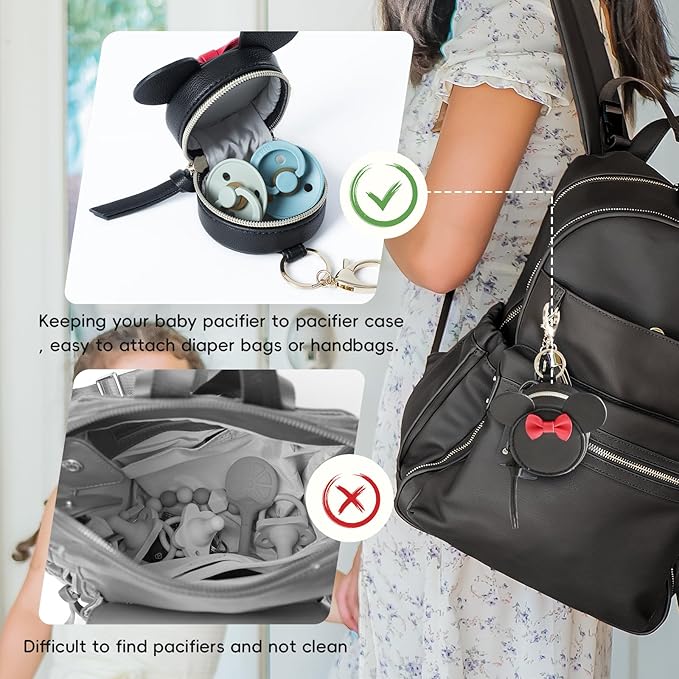 miss fong Pacifier Holder Case with Clip, Pacifier Pouch Cover, Pacifier Charm Pod with Clasp Attach to The Strollers & Diaper Bags, Hold 2 Pacifier or Nipple Shield(Bow Black)