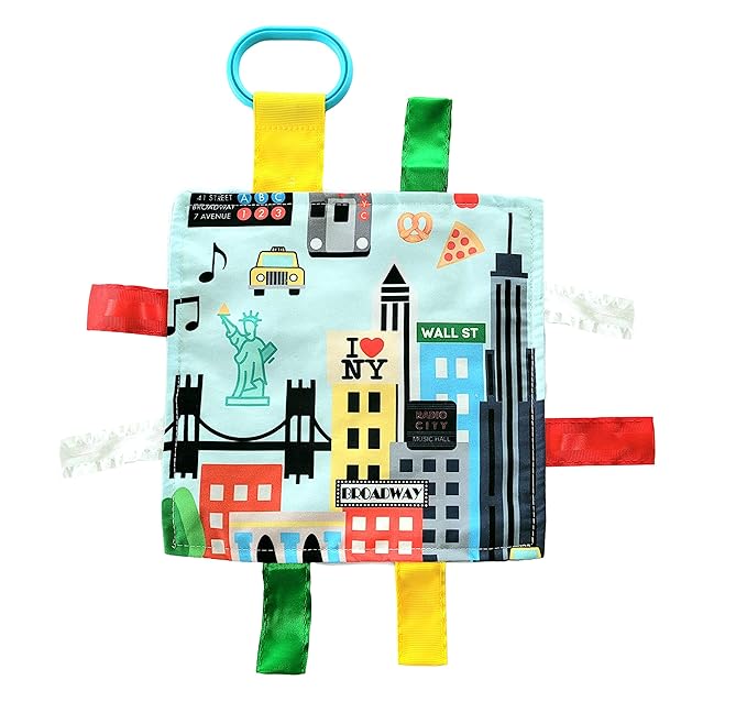 Baby Jack & Co 8x8” Learning Lovey NYC New York Tag Toys for Babies - Baby Crinkle Toys - Soft & Safe - Learn USA Cities and Shapes - Ideal Baby Toy & Gift BPA Free w/Stroller Clip
