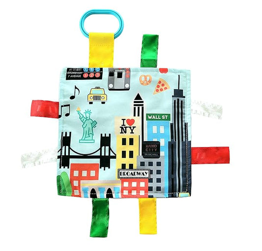 Baby Jack & Co 8x8” Learning Lovey NYC New York Tag Toys for Babies - Baby Crinkle Toys - Soft & Safe - Learn USA Cities and Shapes - Ideal Baby Toy & Gift BPA Free w/Stroller Clip