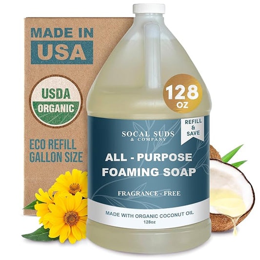 SoCal Suds & Company 128oz Certified Organic Foaming Hand & Body Wash - Gentle Natural Body,Baby & Face Wash for Sensitive Skin, Moisturizing All-Purpose Foaming Soap & More - Fragrance Free