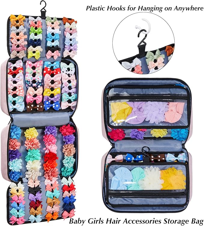 Hair Accessories Organizer for Girls, Hair Accessories Storage Bag, Hair Bow Storage Organaizer for Girls with Multi-Compartments, Baby Hair Accessories Organizer for Travel (Pink)