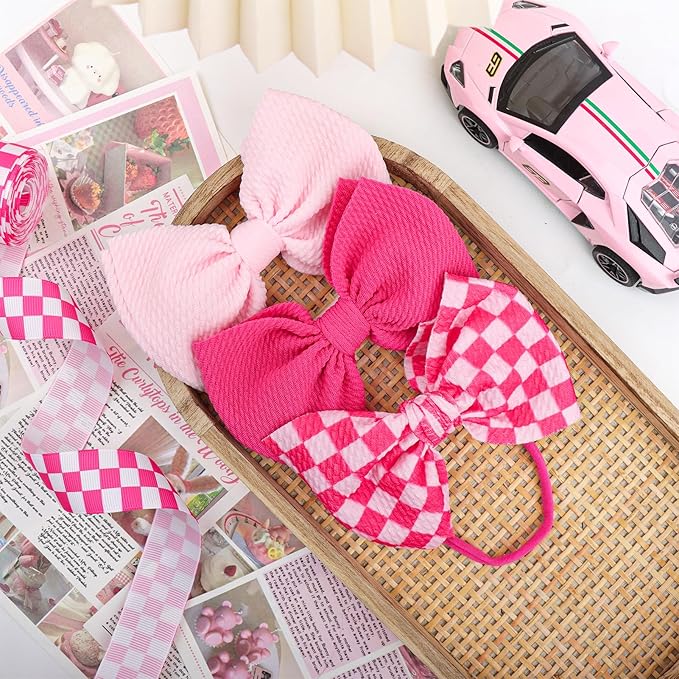 YanJie 3PCS 4.5’’ Checkered Bows for Baby Girls Headbands Hot Pink Headband Pink Hair Accessories for Girls Newborn Girl Clothes Baby Girl Outfits