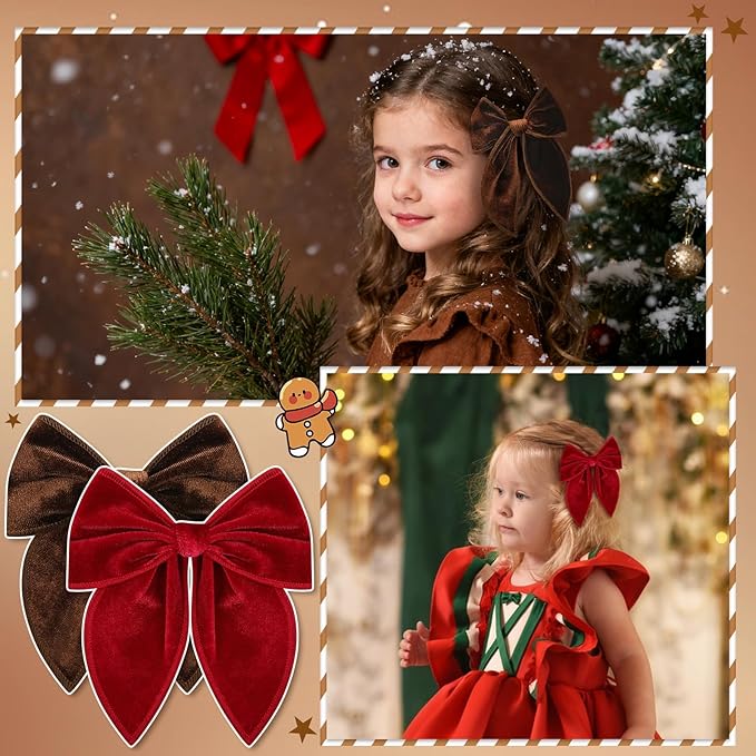 Christmas Hair Bows for Girls, 4 Pcs Velvet Bow Hair Clips Fable Hair Bows Christmas Hair Accessories for Little Girls Toddler Kids
