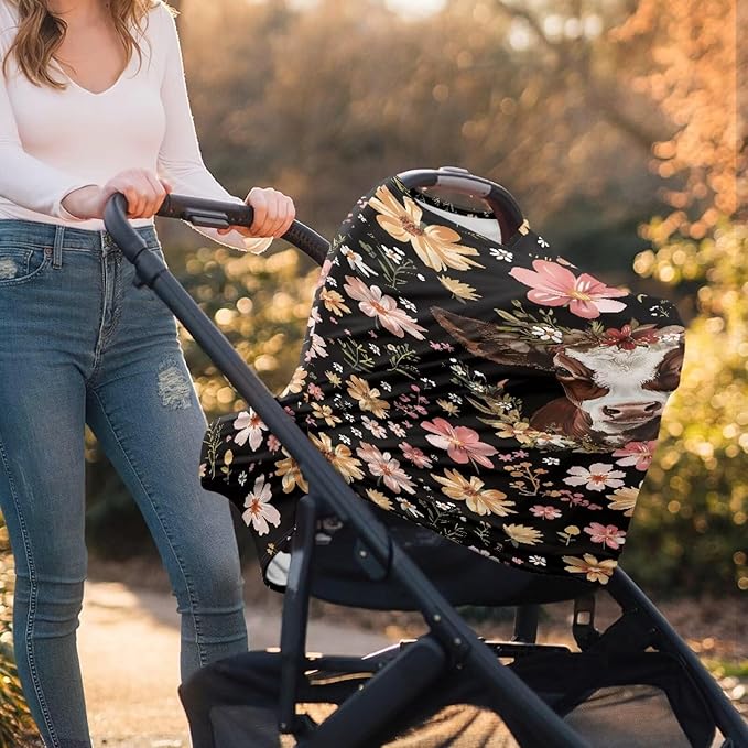 Wanyint Brown Cow Floral Stretchy Baby Car Seat Cover for Baby, Nursing Breastfeeding Covers,Shopping Cart/High Chair/Stroller Covers,Infinity Scarf,Car Seat Canopies