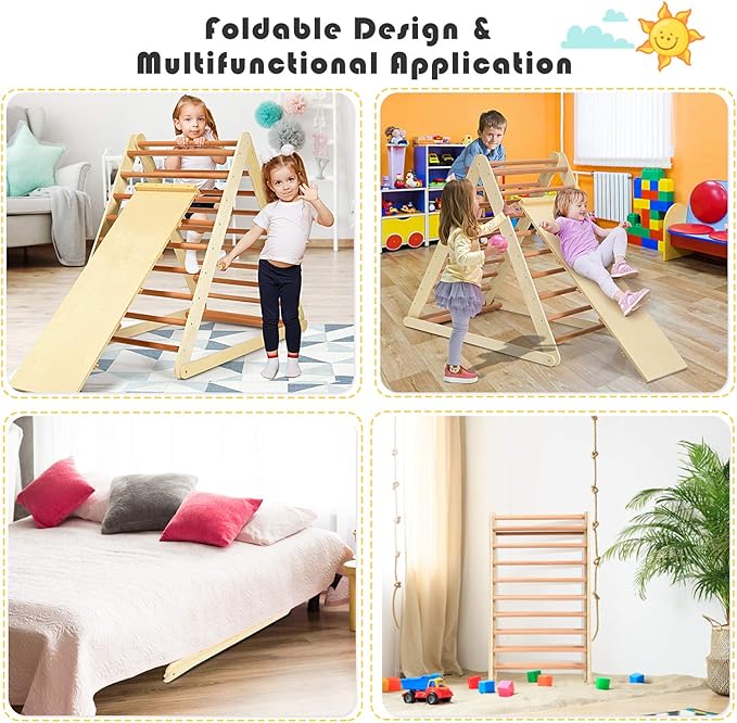 HONEY JOY Triangle Climber with Ramp, 2-in-1 Indoor Toddler Climbing Triangle Set with Ladder & Slide, Foldable Wooden Kids Climbing Toys for Playground, Gym & Daycare, Gift for Boys Girls (Natural)