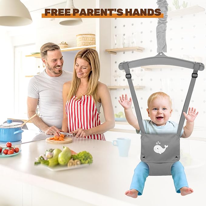 Baby Jumper with Stand, Foldable Activity Jumper for Infants, Height Adjustable Baby Bouncer No Doorway Needed Toddler Jumper, Portable Indoor Outdoor Baby Activity Center for 6-12 Months (Gray)