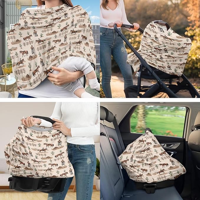 All-in-1 Cactus Horse Car Seat Cover with Nursing Pllow Case for Baby, Soft Stretchy Infant Car Seat Cover U Shaped Pillowcase Covers Set of 2
