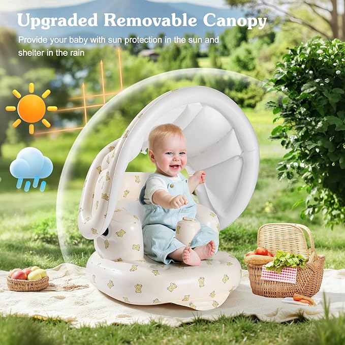 Zooawa Inflatable Baby Seat with Detachable Canopy, Baby Chair Sit Me Up for 6-30 Months, Built-in Air Pump Blow Up Floor Seat for Kids, Inflatable Infant Chair for Beach, Garden