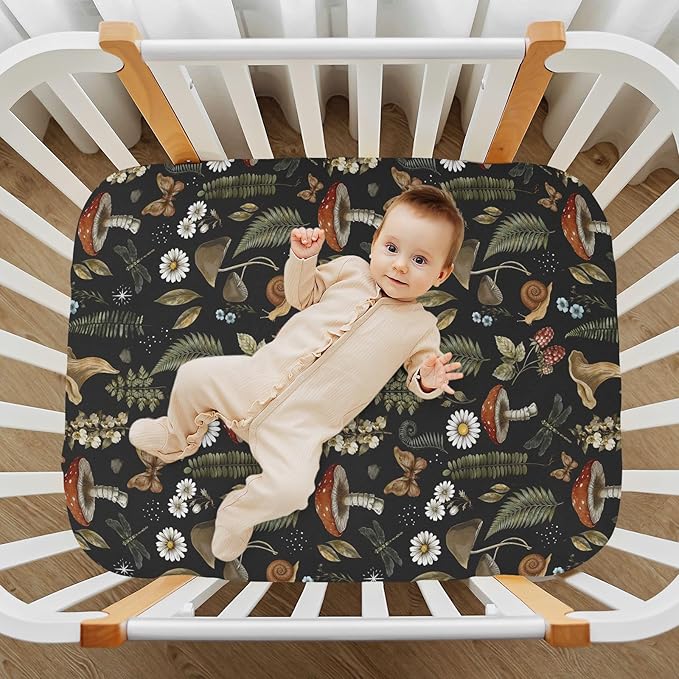 Vintage Mushroom Forest Plant Fitted Crib Sheets Stretchy Portable Playard Sheets for Baby Toddler, Breathable Soft Mini Crib Mattress 52 x 28 in for Boys and Girls