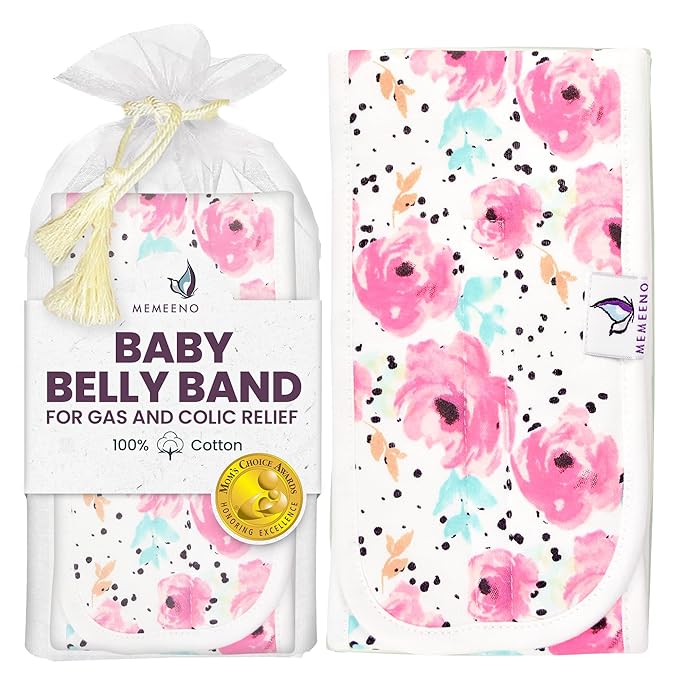 Organic Cotton Baby Belly Band, Wrap, Umbilical Cord Navel Belt, Binder for Infant Colic & Gas Relief, Newborn to 12 Months, by MEMEENO (Bloom)