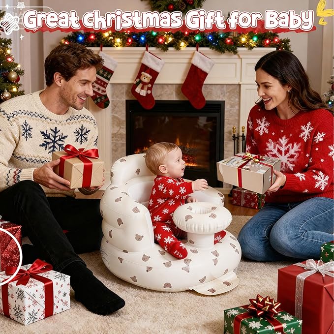 Arscniek Inflatable Baby Seat Built in Air Pump, Blow Up Baby Chair with Back Support and Tray, Sit Me Up Floor Seat for Babies 3-36 Months, Portable Infant Chairs for Indoor and Outdoor - Bear Head