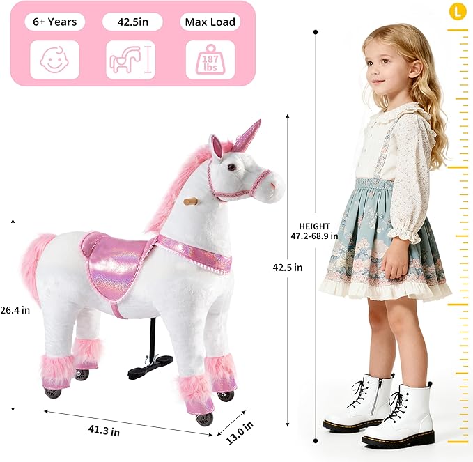 Pipleo Ride on Unicorn Toy for Kids 4 to 9 Years, Unicorn Ride on Toy, Ride on Unicorn Mechanical Plush Animal, No Battery or Electricity, Max Load 165 LBS - Pink