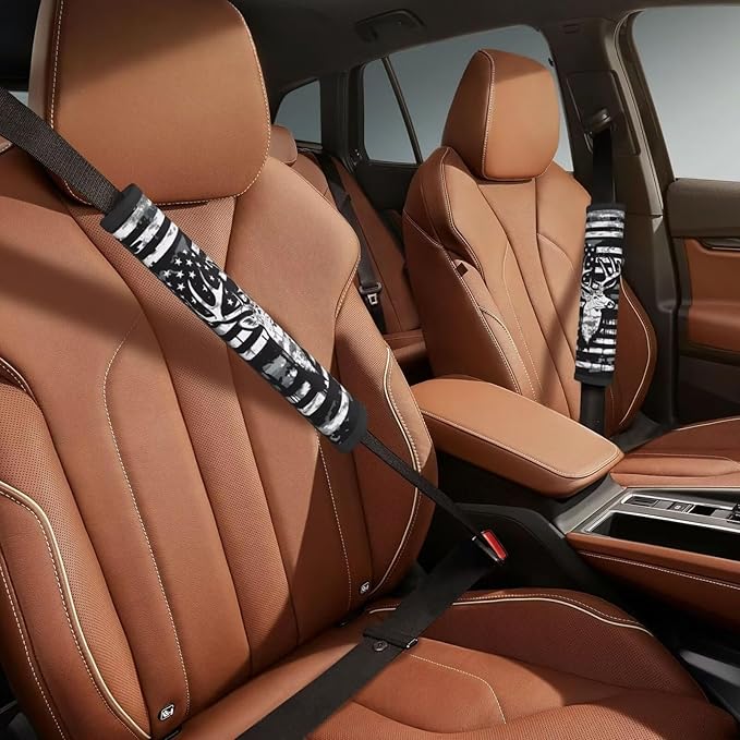 Soft Auto Seat Belt Cover American Flag Elk Seatbelt Shoulder Pad 2 PCS for A More Comfortable Driving Compatible with All Cars and Backpack Gray Black Patriot Star Stripe Seat Belt Cushion