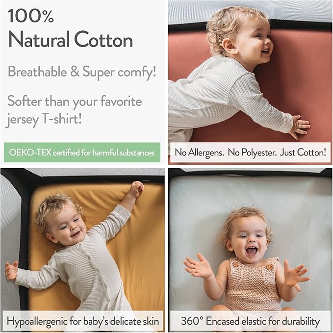 Pack and Play Sheets Fitted – Compatible with 4moms Breeze Plus Playard and Other Large Playpen Mattress – Snuggly Soft 100% Jersey Cotton – Light + Dark Sage Green – 2 Pack
