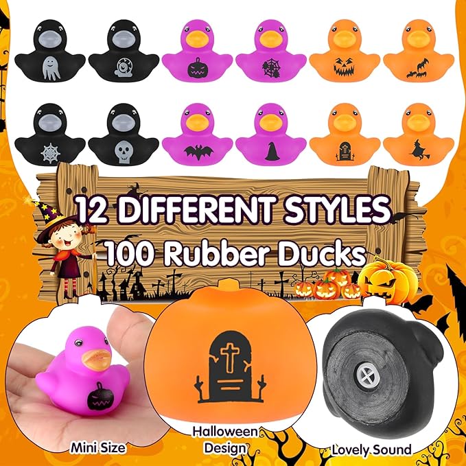 Deekin 100 Pcs Halloween Rubber Ducks Bulk 1.37 Inch Mini Fancy Novelty Rubber Ducks for Halloween Trick or Treat Fillers Party Favors
