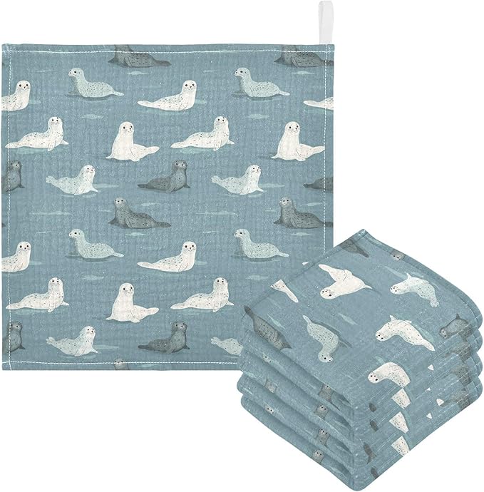 Seal Baby Washcloths Newborn Muslin Burp Cloths 3 Pack Soft Cotton Baby Face Bath Towel Drool Bibs for Infants, Girls and Boys 11.8 x 11.8 Inch