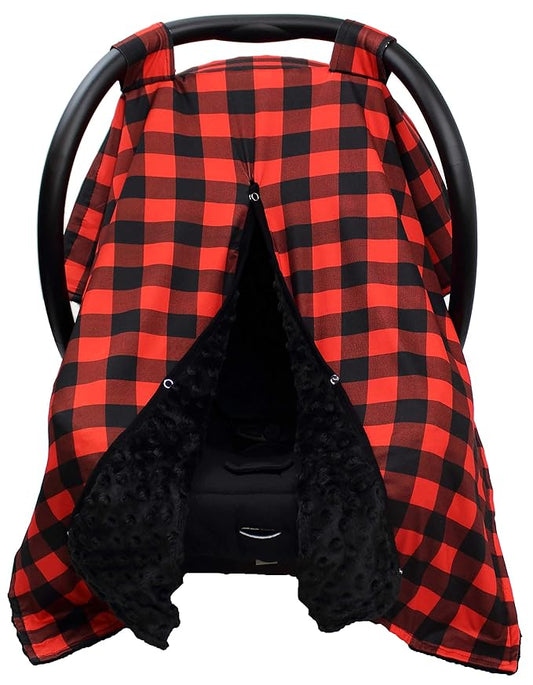 Dear Baby Gear Car Seat Canopy - Unisex Infant Car Seat Cover - Soft and Breathable Fabric - Fits Most Carseats - Perfect Lumberjack Red Black Plaid/Black Dot - 40"x30"