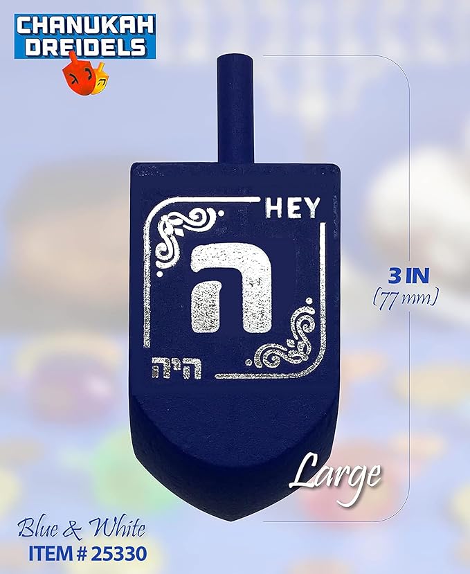 Hanukkah Dreidels - Extra Large Blue and White Wooden Dreidel - 4 Pack