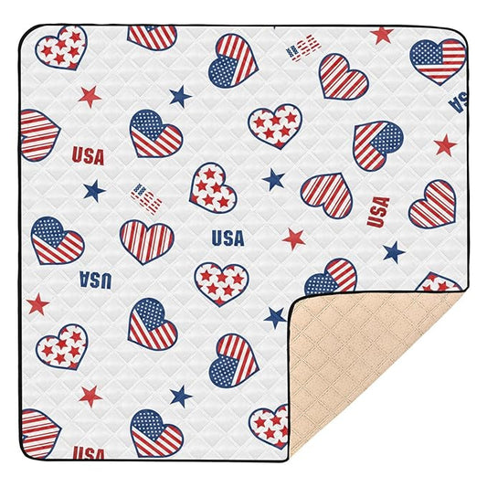 Baby Play Mat American Flag with Hearts July 4th 50 x 50 Playpen Mat Baby Play Mats for Floor Play Gym Crawling Mat Non-Slip Cushioned Baby Playmat for Infants, Babies, Toddlers
