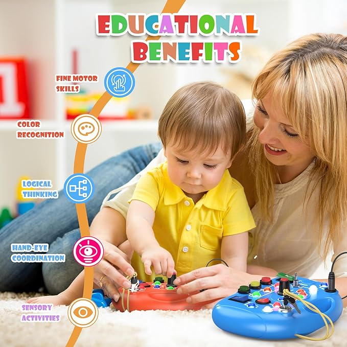 Montessori Busy Board for 1 Year Old, Busy Board with LED Light, Baby Sensory Board Toddler Travel Toys for Kids Preschool Learning Activities Boys & Girls Birthday (Orange)