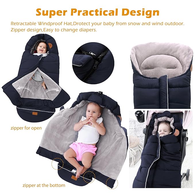 LAT Baby Warm Bunting Bag Universal,Stroller Sleeping Bag Cold Weather,Waterproof Toddler Footmuff(Basic,Navy Blue)