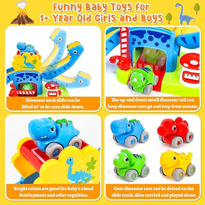 Toddler Toys for 1 2 Year Old Boy Gifts, Dinosaur Slide with 4 Dino Cars Montessori Learning Toys for Baby 12-18 Months, Educational First Birthday Gifts for Kids, Girls, Push Track for Toddlers 1-3