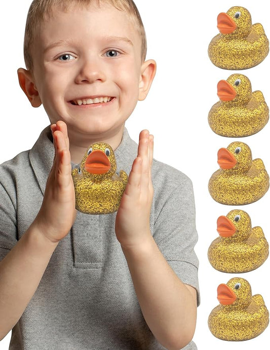 Alpi Glitter Ducks – Set of 5 Fun & Sparkly Rubber Ducks & Bath Toys - Decorative, Collectible, and Great for Parties, Gifts & Bath Time (Gold)