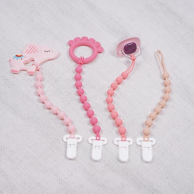 4 Pcs Pink Baby Silicone Teething Pacifier Clip,One-piece Design,Round Shape,Textured Surface,BPA Free.