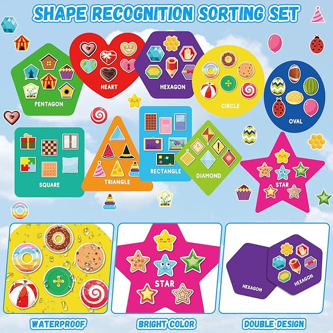 Halloscume 70 Pcs Shape Sorters for Toddlers Shape Puzzle and Matching Games Set with 10 Sorting Mats and 60 Everyday Objects Pieces for Kids Preschool Classroom Child Learning
