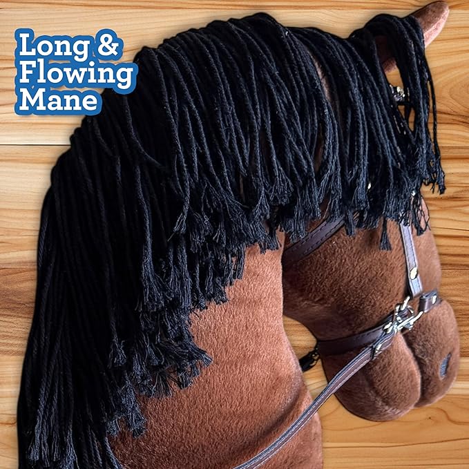 Playful Minds Large Hobby Horse for Kids and Adults – Show Quality with Rhinestone Studded Bridle, Removable Reins, and Long Mane – Plush Handmade Tournament Stick Horse (Bay (Brown))