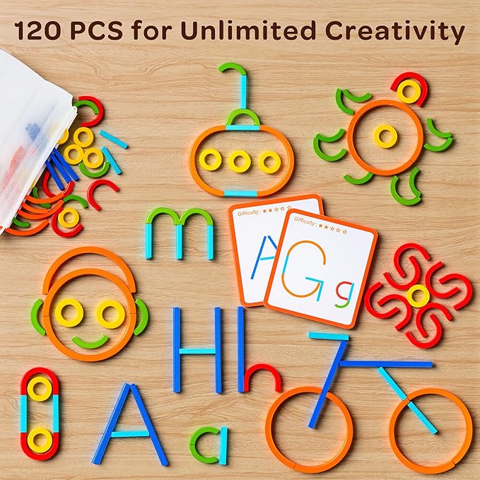 Montessori Smart Sticks and Rings Set with Challenge Cards, 120PCS Creative STEM Kit with Wooden Pattern Blocks for Kids, Preschool Learning Activities and Classroom Use
