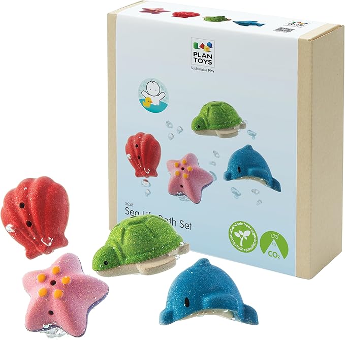 PlanToys® Sea Life Bath Set Wooden Montessori Tactile and Imaginative Water Play Toy | Fine Motor, Sensory Exploration and Cause and Effect Learning | Eco Friendly Ocean Bath Activity